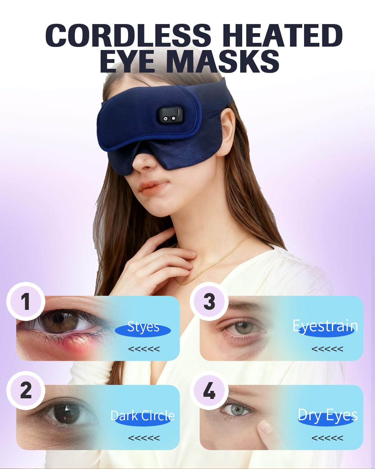 COMOIL 2500mAh Silk Cordless Heated Eye Mask, Quiet Velcro & Magnetic Detach,35-65℃ Stepless Precision Warm Eye Compress for Dry Eyes, 6 Timers,Washable Heating pad for Eye Care & Improved Sleep