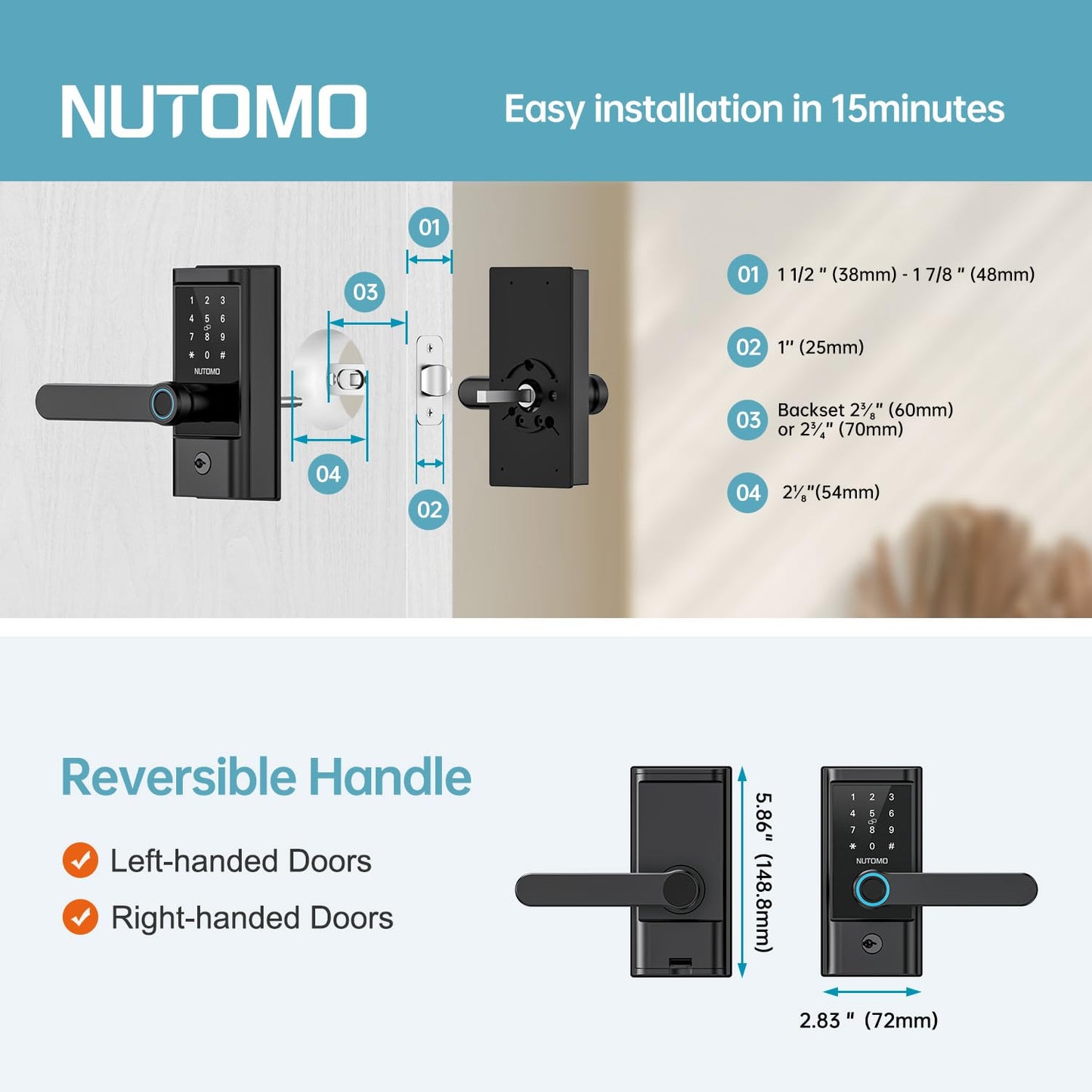 WiFi keypad Door Lock with Handle: NUTOMO keyless Entry doorlock deadbolt with Handle Set,Fingerprint Smart Lock for Front Door,Smart Electronic Deadbolt with Alexa/Bluetooth/App Control Black