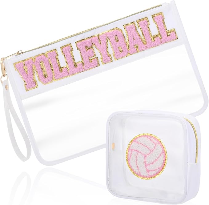 Sunnymove 2 Pcs Pink Volleyball Cosmetic Bag Gifts Sport Cheer Makeup Bags Clear PVC Waterproof Toiletry Zipper Travel Pou...