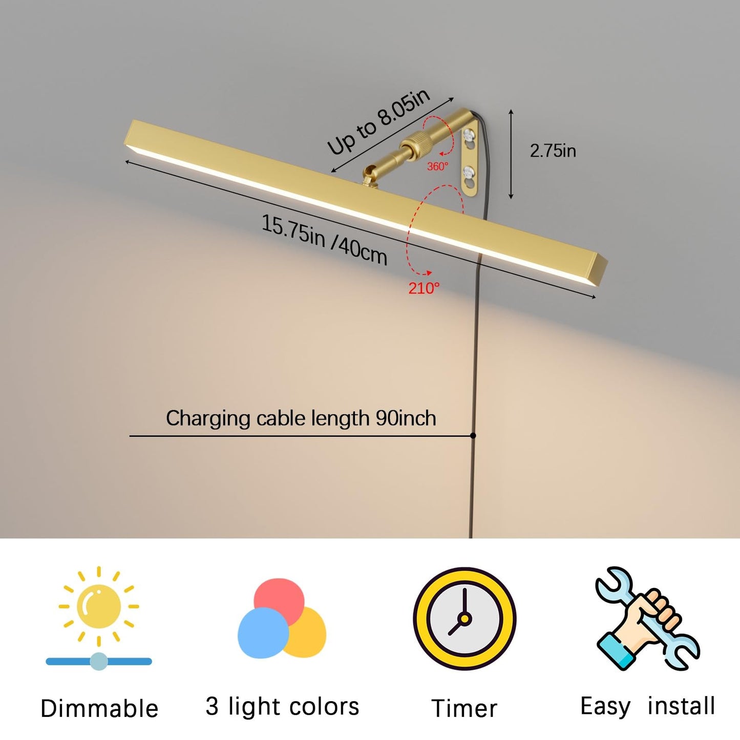 Coinmit Plug in Picture Lights for Wall, 16 inch Dimmable LED Art Light with Remote, 3 Colour Temperature Gallery Painting Wall Light for Picture Display Dartboard Art Work (Gold)