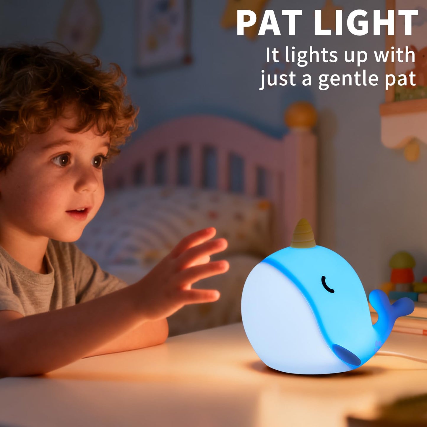 Hpydiy Cute Narwhal Night Light  Tap Control With 3 Warm White Brightness  Usb Kids Bed Lamp With 30-Minute Timer  Soft Silicone Glow For Nursery  Birthday Gift(Blue Narwhal)