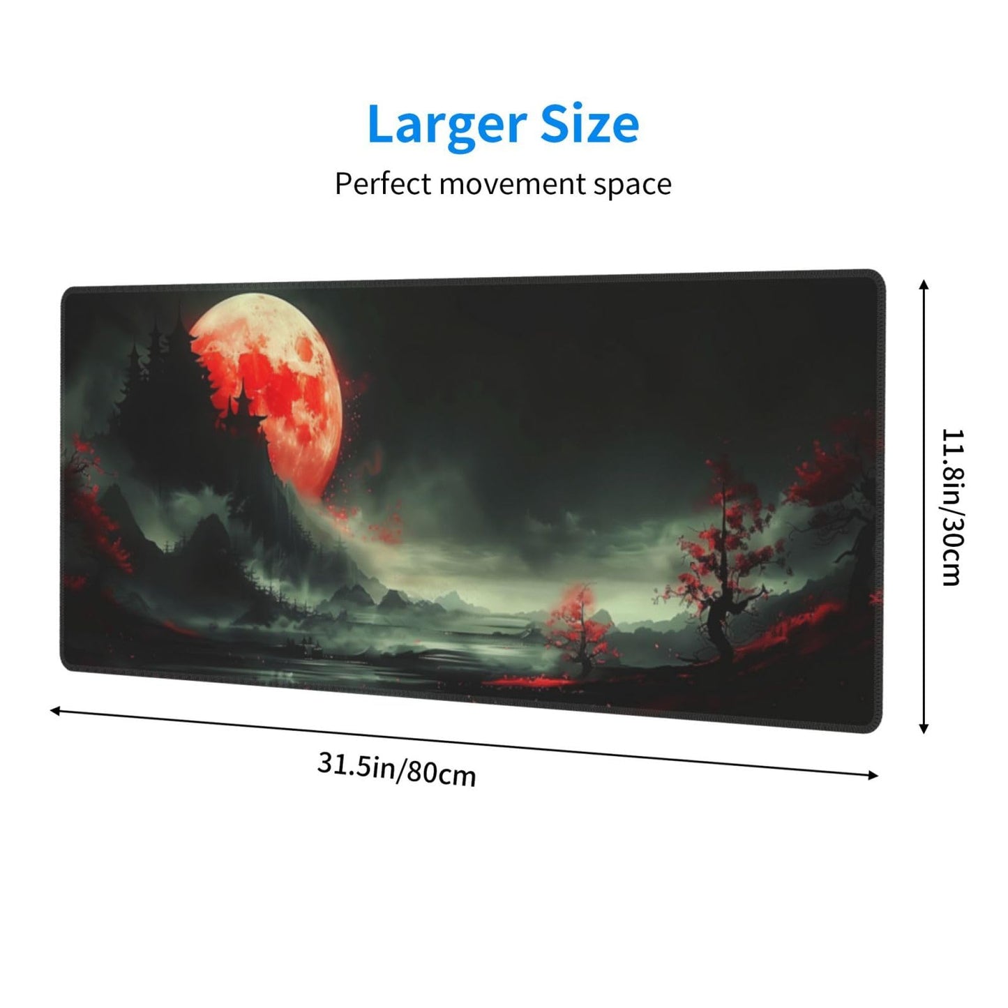 Extended Gaming Mouse Pad, Large Desk Mat XL Anime Mouse Pad Waterproof with Stitched Edges, Non-Slip Desktop Pad for Home and Office, Level Up Your 31.5x11.8 Inch (Red Moon)