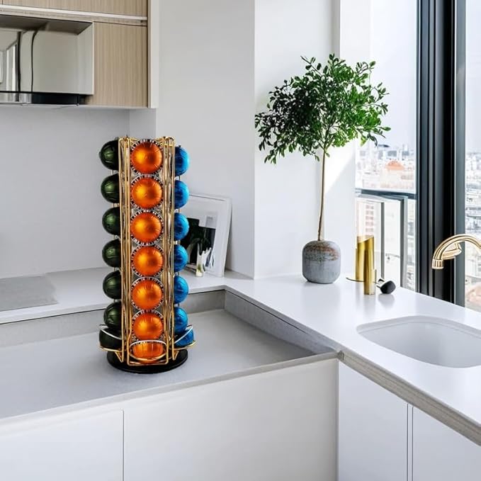 Vertuo Pod Holder Carousel Stand for 35 Nespresso Vertuo Capsule Storage Organizer with Extra Space for Coffee Mate Silent Rolling，Gold