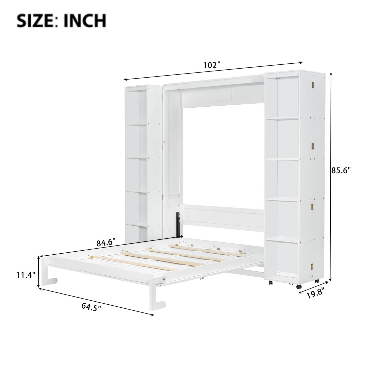 Ball & Cast Murphy Bed Queen Size,Wood Hidden Wall Bed with 2 Sides Push-Pull Foldable Storage Cabinets, Multifunctional Cabinet Bed Frame for Bedroom,Guest Room,Space Saving,White