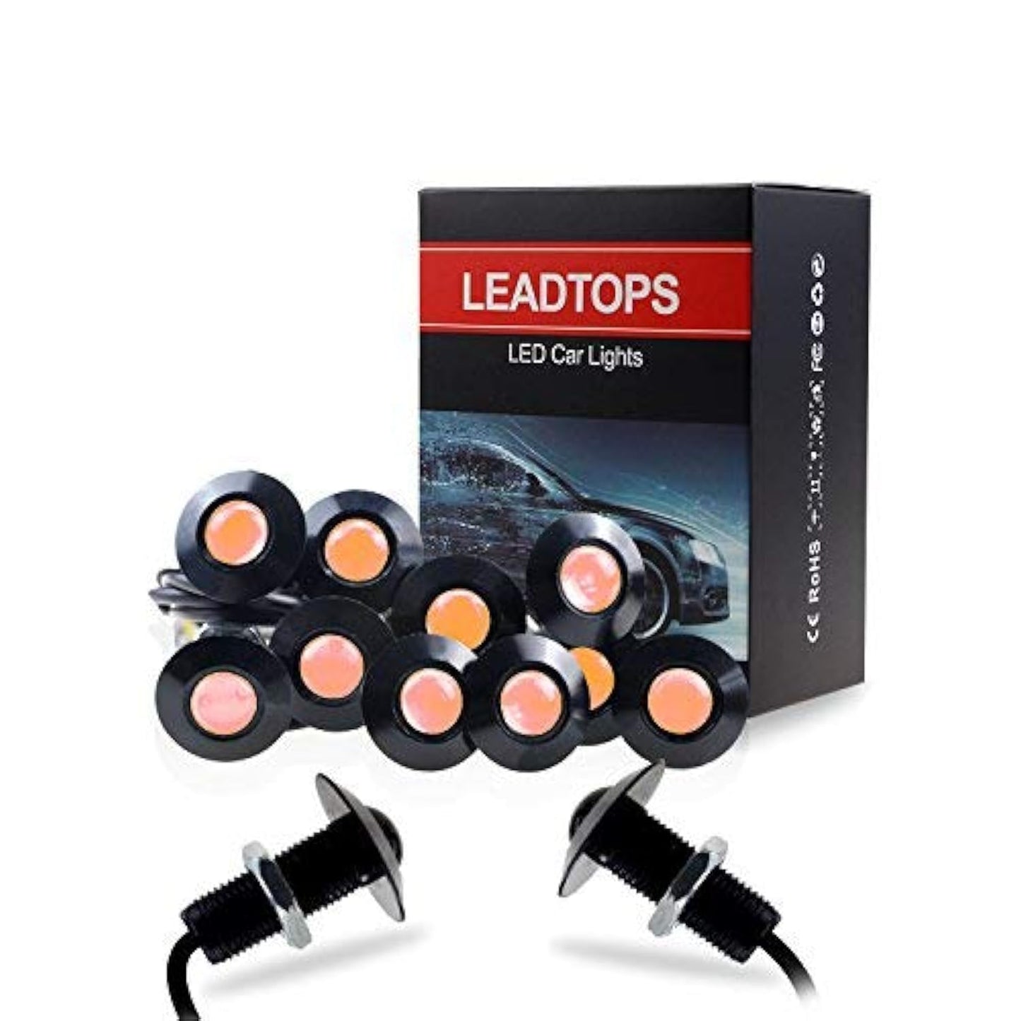 LEADTOPS Eagle Eye LED Lights 10-pack, 12V Ultra Thin 23mm Bulbs, Yellow, Black, Model 4350384140