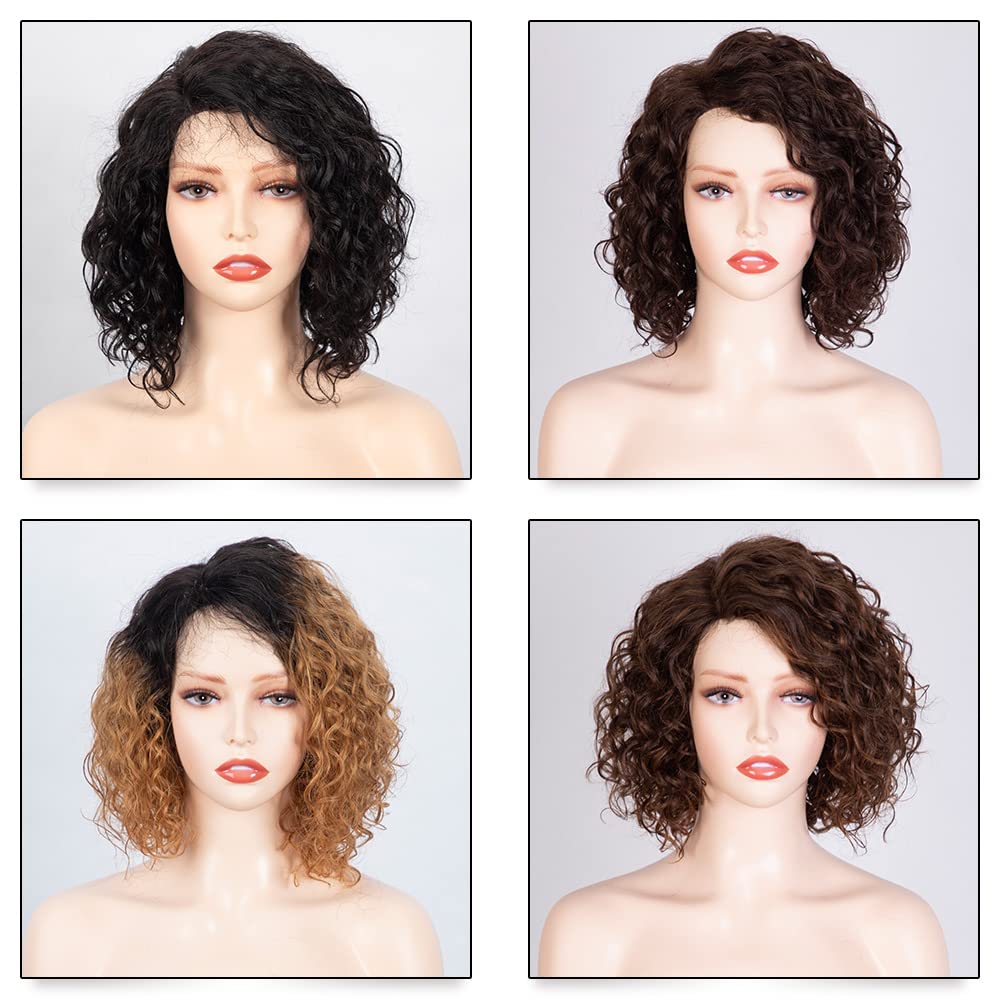 FASHION IDOL Short Deep Wavy Lace Bob Wig for Women 10 Inches Kinky Curly Human Hair Side Part Shouder Lenth Wig 150% Density