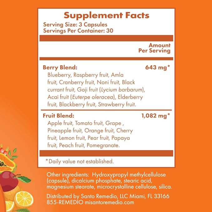 Santo Remedio Frutas, 22 Whole Fruit Dietary Supplement, Antioxidants and Phytonutrients, 90 Capsules, 30 Day Serving
