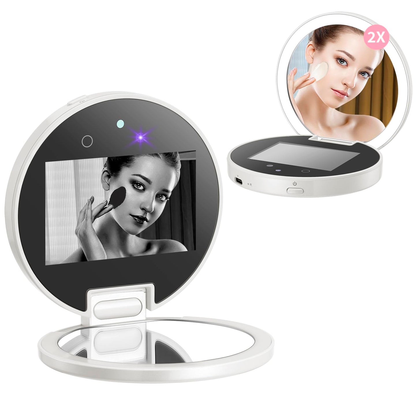 DESCHEN Rechargeable Travel Compact Smart UV Camera UV Mirror for Sunscreen Test, 2X Makeup Mirror with Lights and Magnification