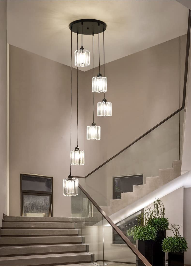 Meimond Long Chandeliers For High Ceilings Modern Crystal Pendant Light Raindrop Drop Lamp Hanging Flush Mount Lighting Fixtures For Spiral Staircase Foyer Entryway Living Room Black (6 Lights)