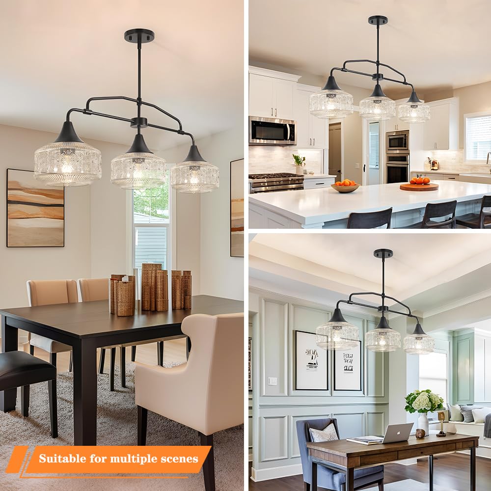 Farmhouse Kitchen Island Lighting  Black 3-Light Island Light For Kitchen  Adjustable Dining Room Light Fixture Over Table  Linear Chandelier Pendant Lighting With Clear Glass For Living Room Sink