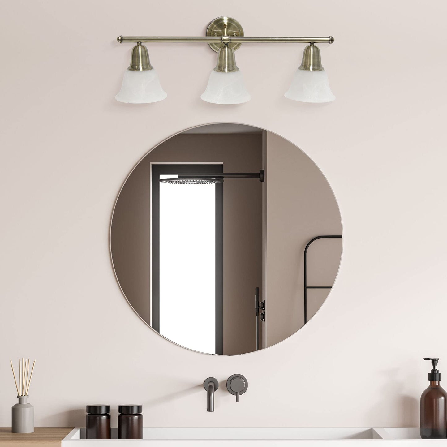 Simple Designs VT1027-ABS 26.5in 3 Light Metal Bar Vanity Fixture, Frosted Marble Glass Shades, Antique Brass