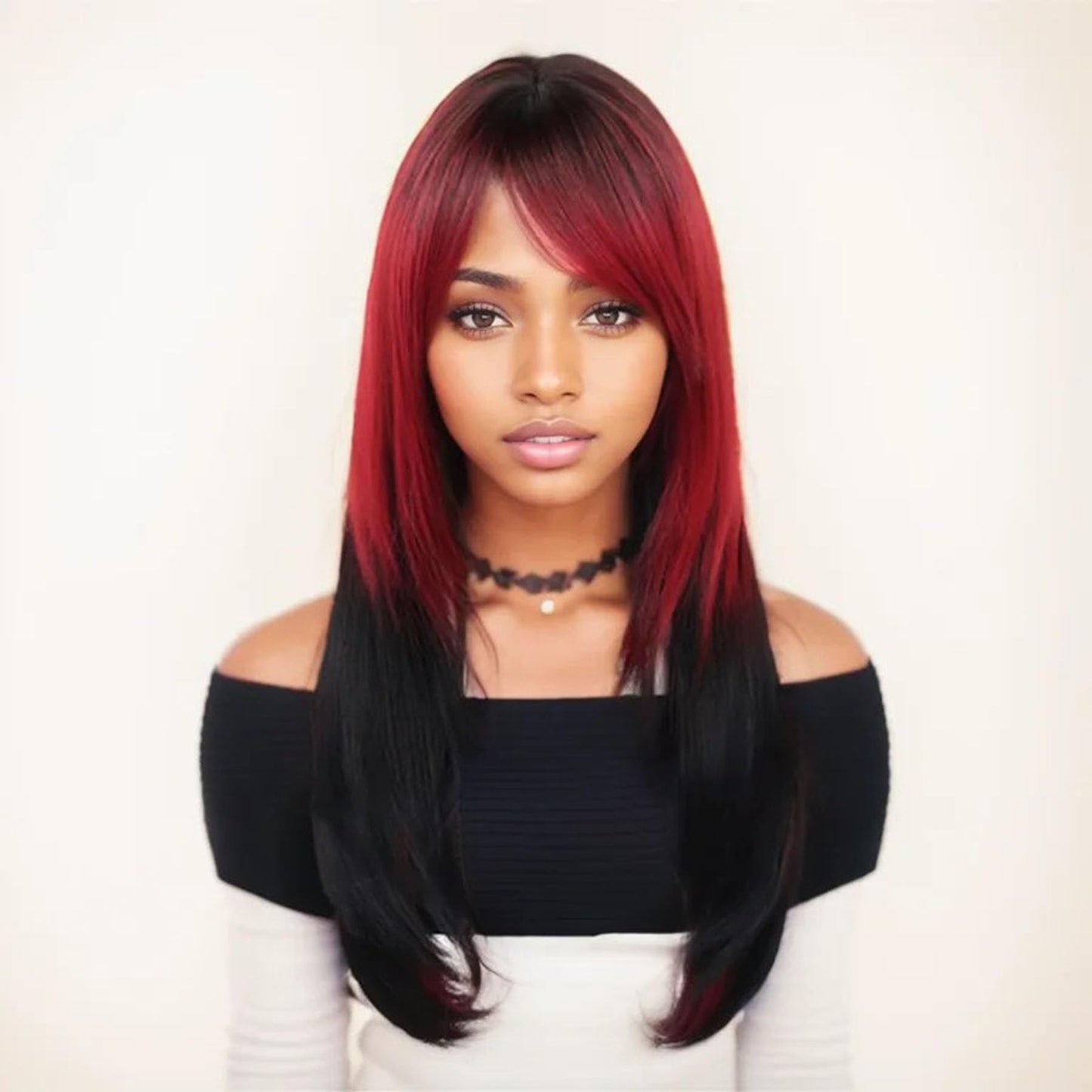 GNIMEGIL Two Tone Red and Black Wigs for Women 26 inch Long Straight Synthetic Wig Drag Queen Roleplay Cosplay Goth Wig Hallowee