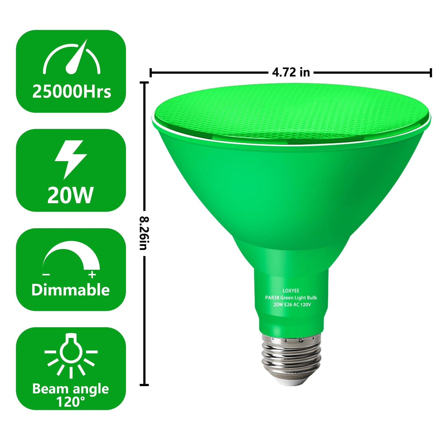 LOXYEE PAR38 Flood Light Bulb 20W Equivalent, Dimmable, E26 Base, Green, 4 Pack