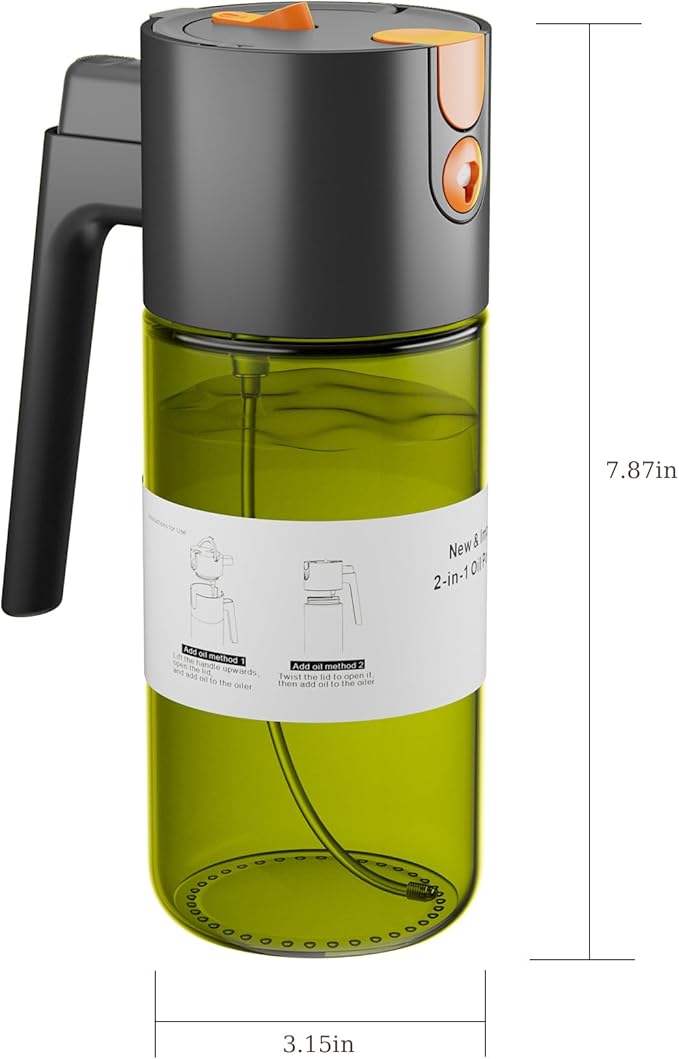Upgrade 2 in 1 Oil Sprayer for Cooking, Olive Oil Dispenser Bottle for Kitchen Gadgets with Stickers, 17oz/500ml Food Grade Light-Blocking Glass Spray Bottle for Salad, Air Fryer, BBQ