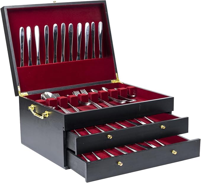 Silverware Storage Box,3 Layers Wooden Silverware Chest Case with Drawer,15.35" x 11.41" Flatware and Utensil Organizer for Kitchen(Flatware Not Included) (Black)