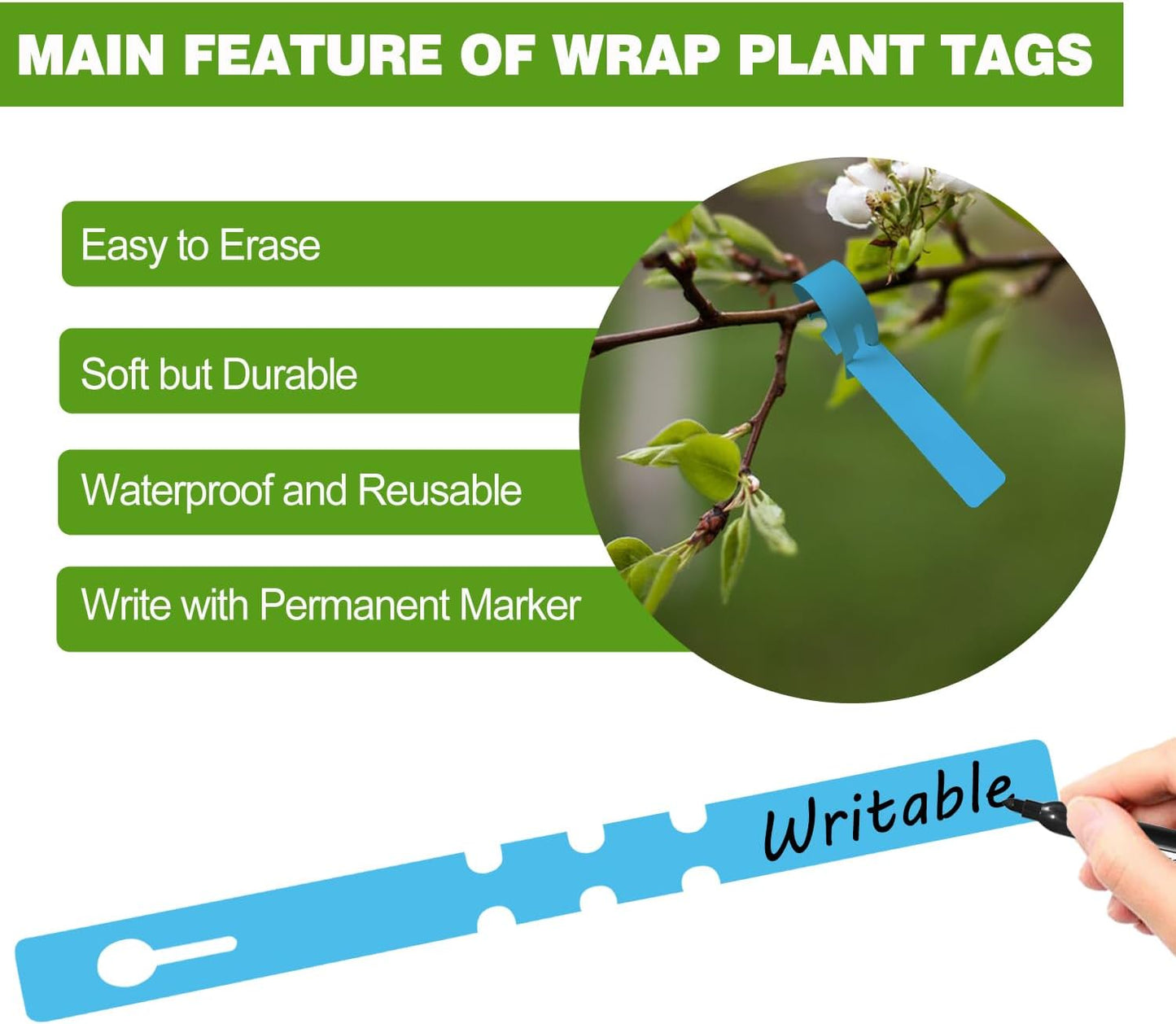 Plant Labels 200 Pcs Yuanling Plastic Plant Tree Tags Wrap Around Hanging Tags Nursery Tree Markers Adjustable Garden Labels for Indoor Outdoor Gardening Plants (Blue with 1 Marker Pen)