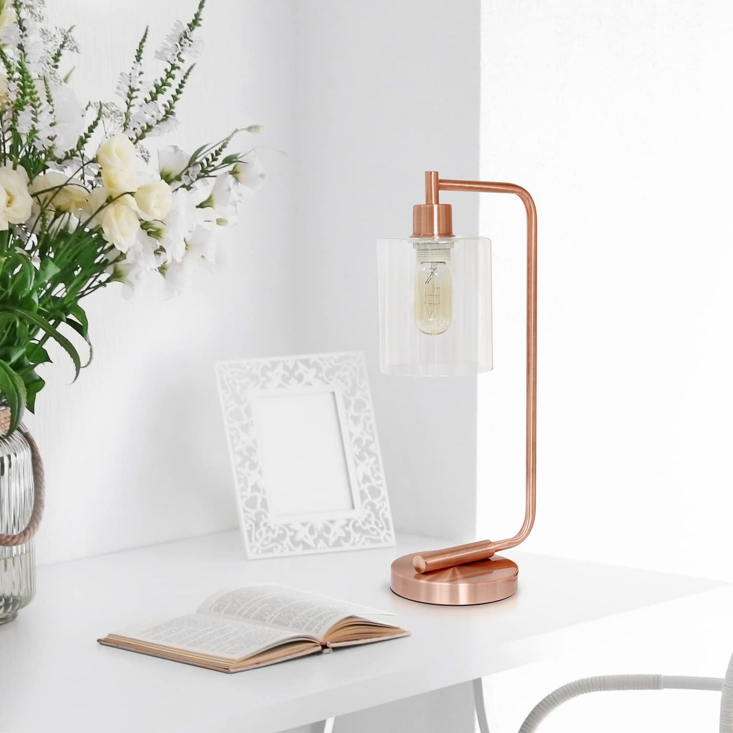 LALIA HOME Modern Iron Desk Lamp, Glass Shade, Rose Gold, Model LHD-2003-RG