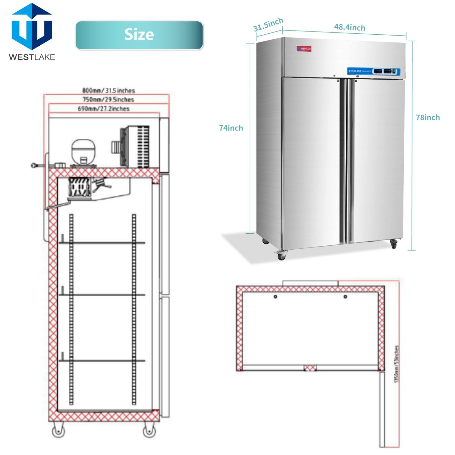 WESTLAKE Commercial Refrigerator and Freezer Combo 48"W 2 door 2 Section Stainless Steel Reach in Solid door Fan Cooling 36 Cu.ft Refrigerator and Freezer Combo for Restuarant, Bar, Shop, etc
