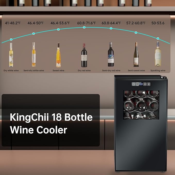 KingChii 18 Bottle Wine Cooler, Freestanding Wine Fridge with Glass Door, Adjustable Shelves & Digital Temperature Display Wine Refrigerator for Red, White, Champagne - Perfect for Home, Kitchen, Bar