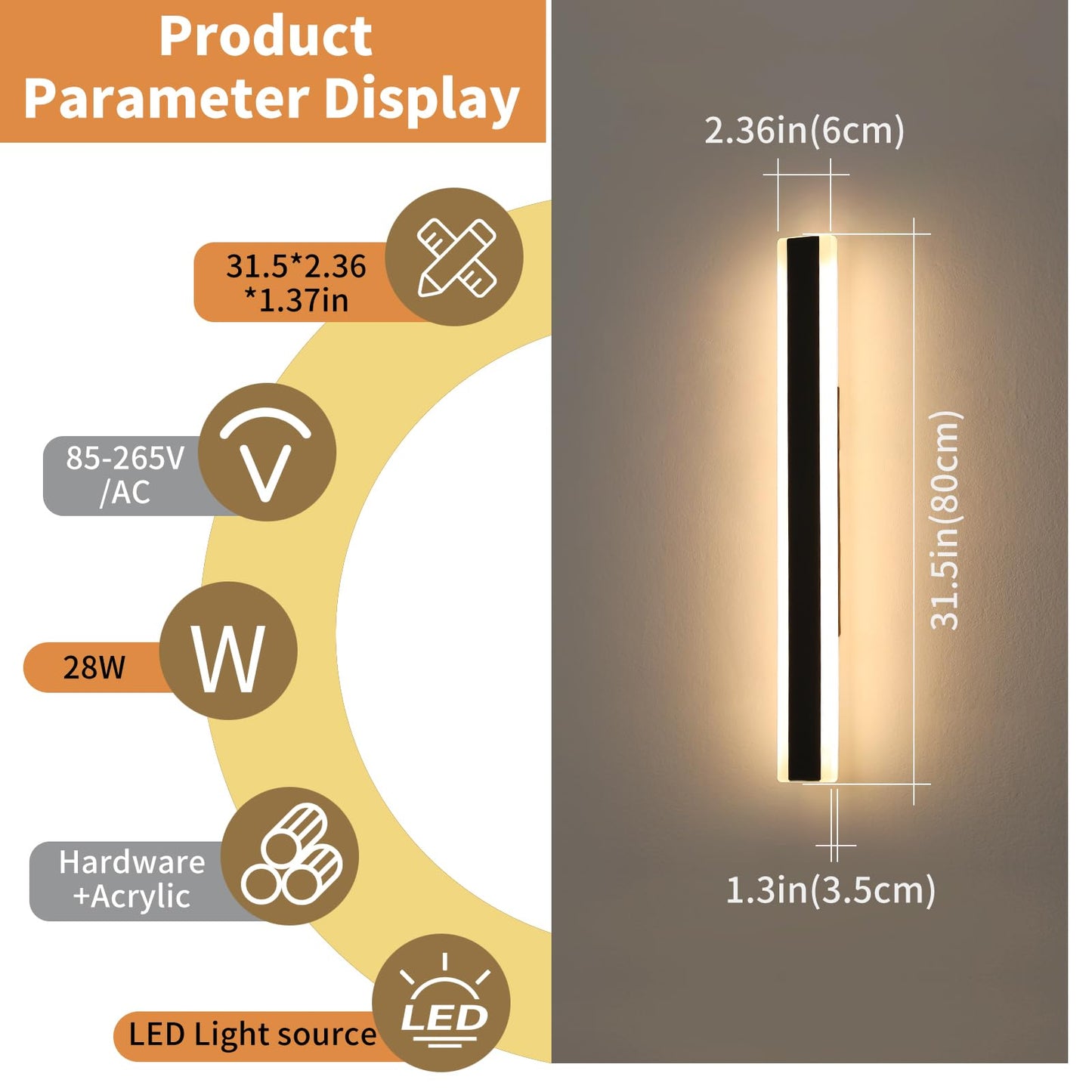 Daoseolo Outdoor Wall Light Fixture, Dimmable 3000K-6000K, 31.4inch, IP65 Waterproof, Model TC-FTBD-1112, Black Linear