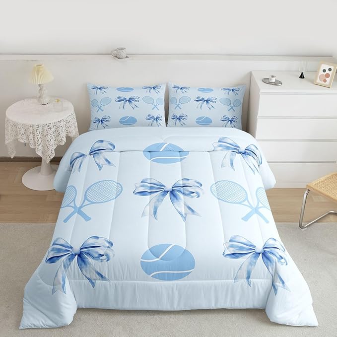 Castle Fairy Tennis Comforter Set Twin Size,Cartoon Tennis Racket and Ball Bedding Set 2 Pcs for Boys Girls,Kawaii Bowknot...