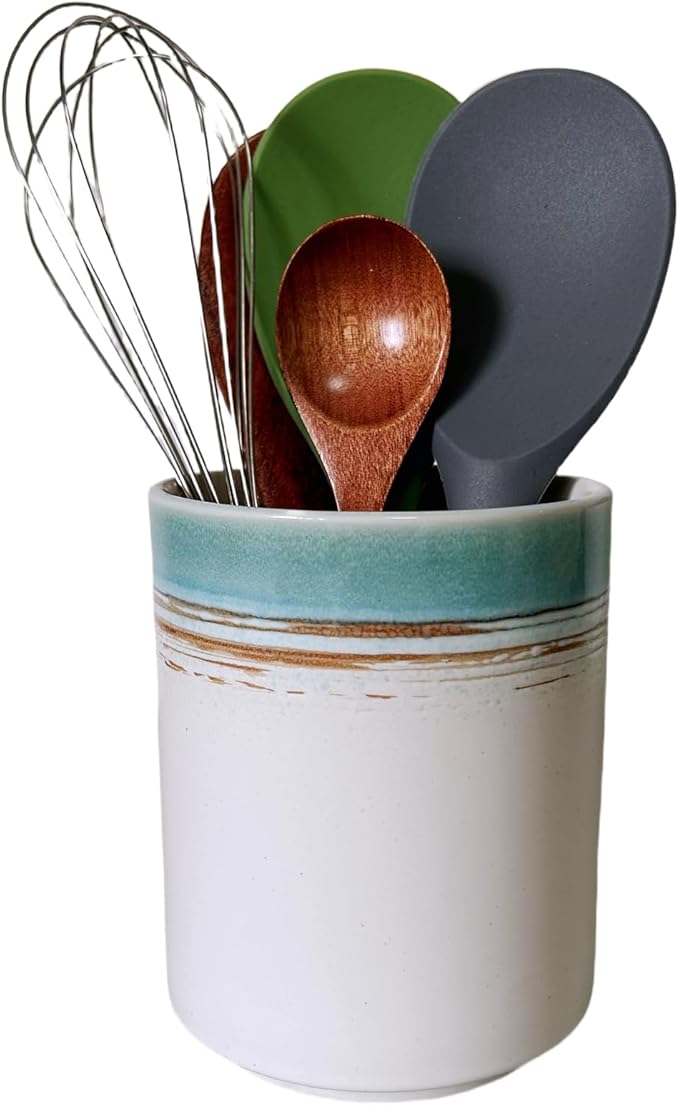 Short Kitchen Utensil Holder for Kitchen Counter Cooking Utensil Holder for Countertop Spatula Holder Small Utensil Crock Cutlery Holder Silverware Caddy Flower Vase (Green Field)