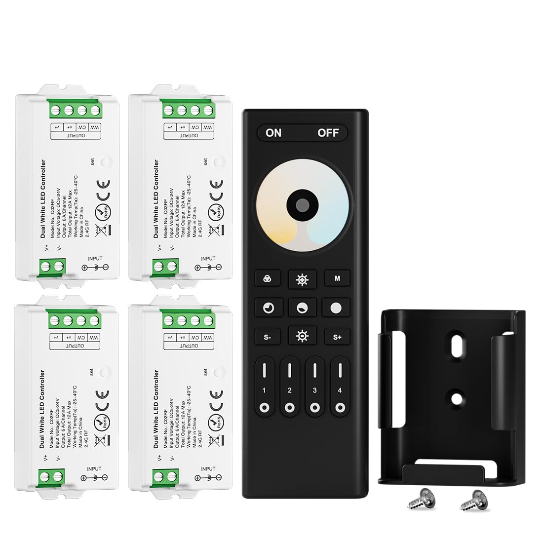 BTF-LIGHTING RF Remote Controller Kit, 4 Zone PWM CCT, DC5V/DC12V/DC24V, Model RC02RFB+4XC02RF, Color Cct