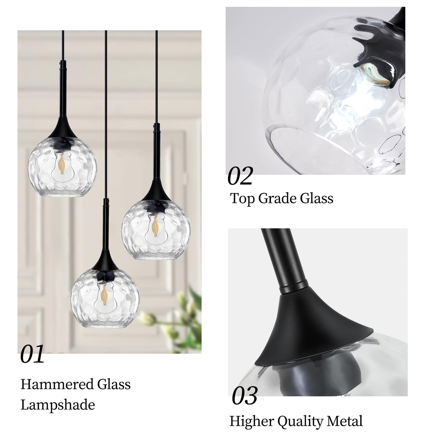 JHLBYL 3-Light Pendant Light Fixture Modern Glass Chandelier Adjustable Clear Glass EL-HGPL3R