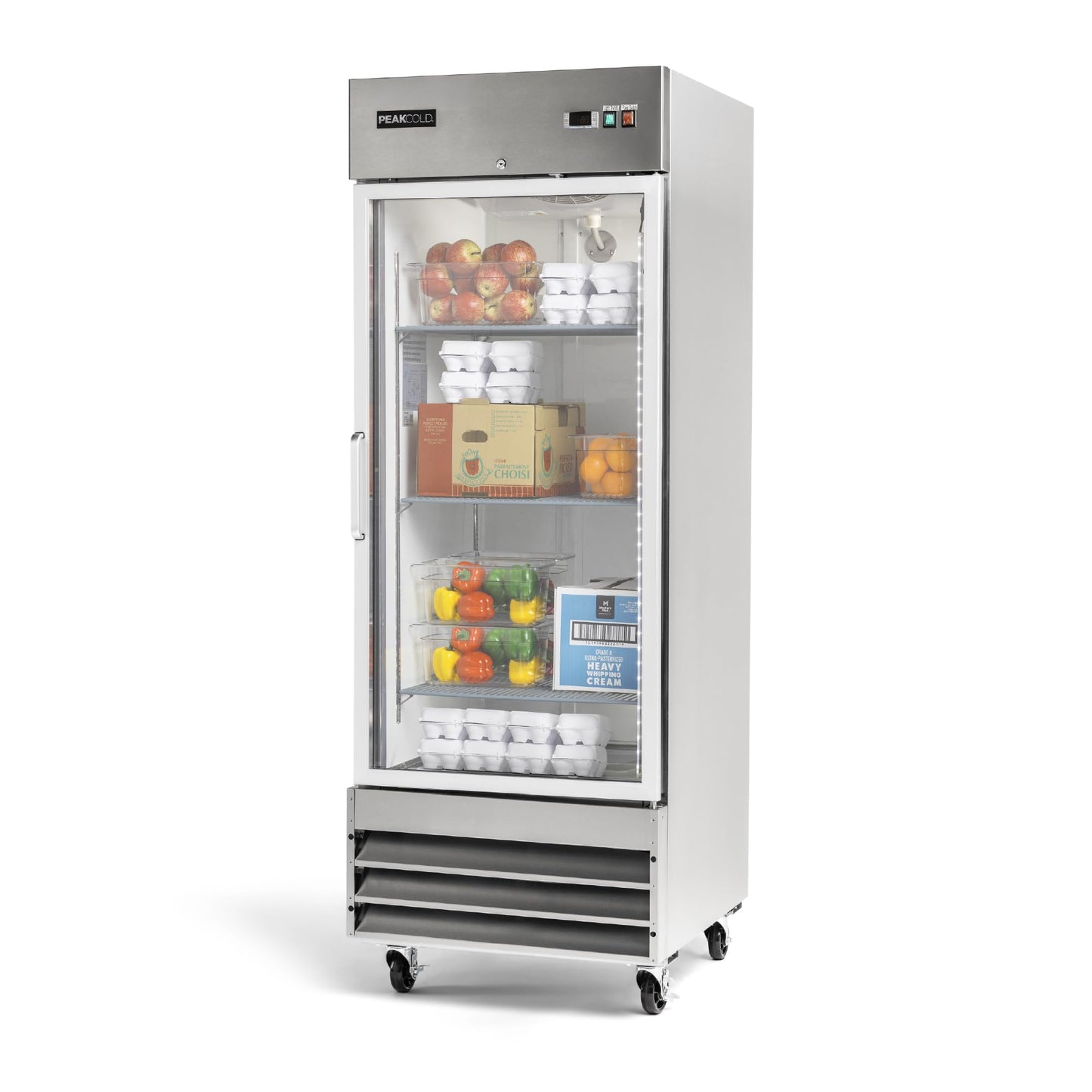 PEAKCOLD Single Glass Door Commercial Refrigerator - 23 Cubic Ft, 29" Wide Stainless Steel Reach-In Commercial Refrigerator with White Internal Lighting - Freestanding Industrial Fridge