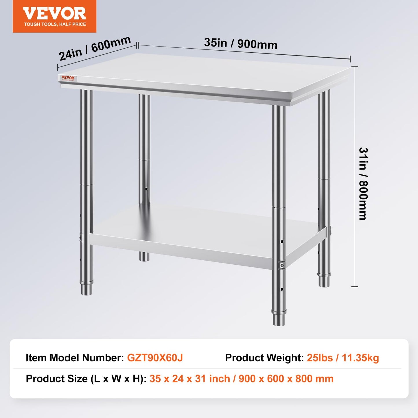 Vevor Stainless Steel 900x600x800 mm Commercial Kitchen Prep & Heavy Duty Metal Work Table with Adjustable Feet for Restaurant, Home and Hotel : Industrial & Scientific