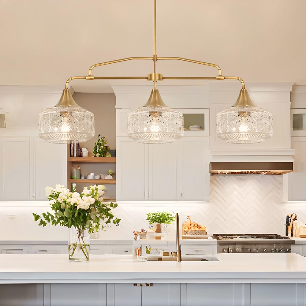 Farmhouse 3-Light Adjustable Kitchen Island Lighting With Clear Glass Shades  Brass Gold Finish Pendant Lights For Dining Room Table  Industrial Island Lights Chandelier For Modern Home Decor