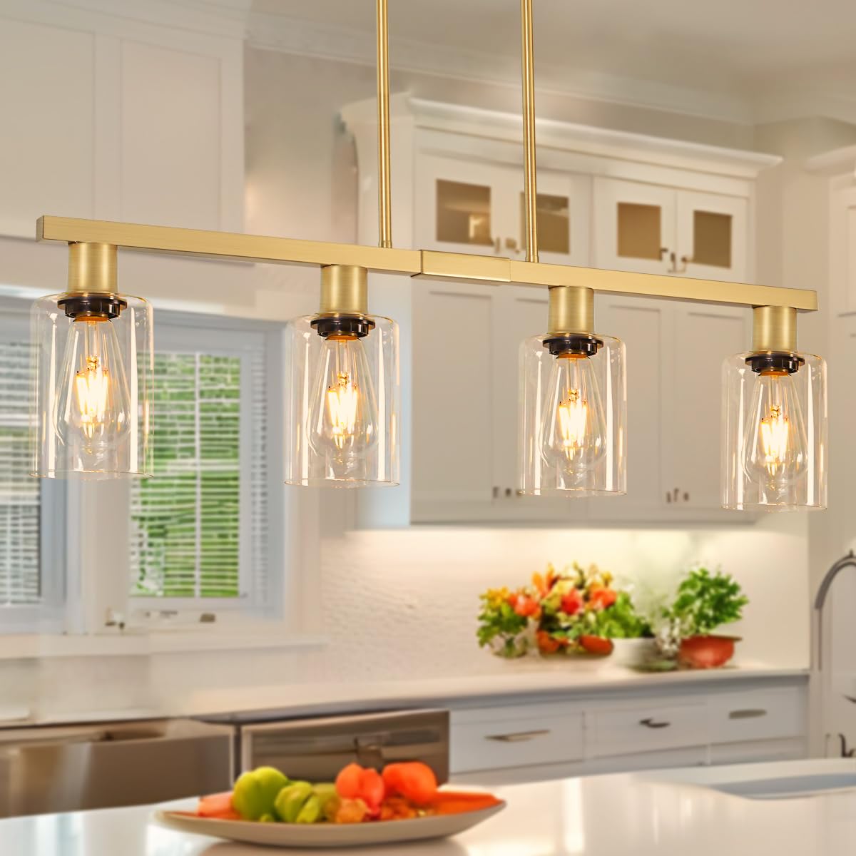 4-Light Kitchen Island Lighting  Gold Dining Room Light Fixtures Over Table  Island Lights With Glass Shade  Farmhouse Pendant Lights Kitchen Chandelier For Restaurant Bar  Height Adjustable