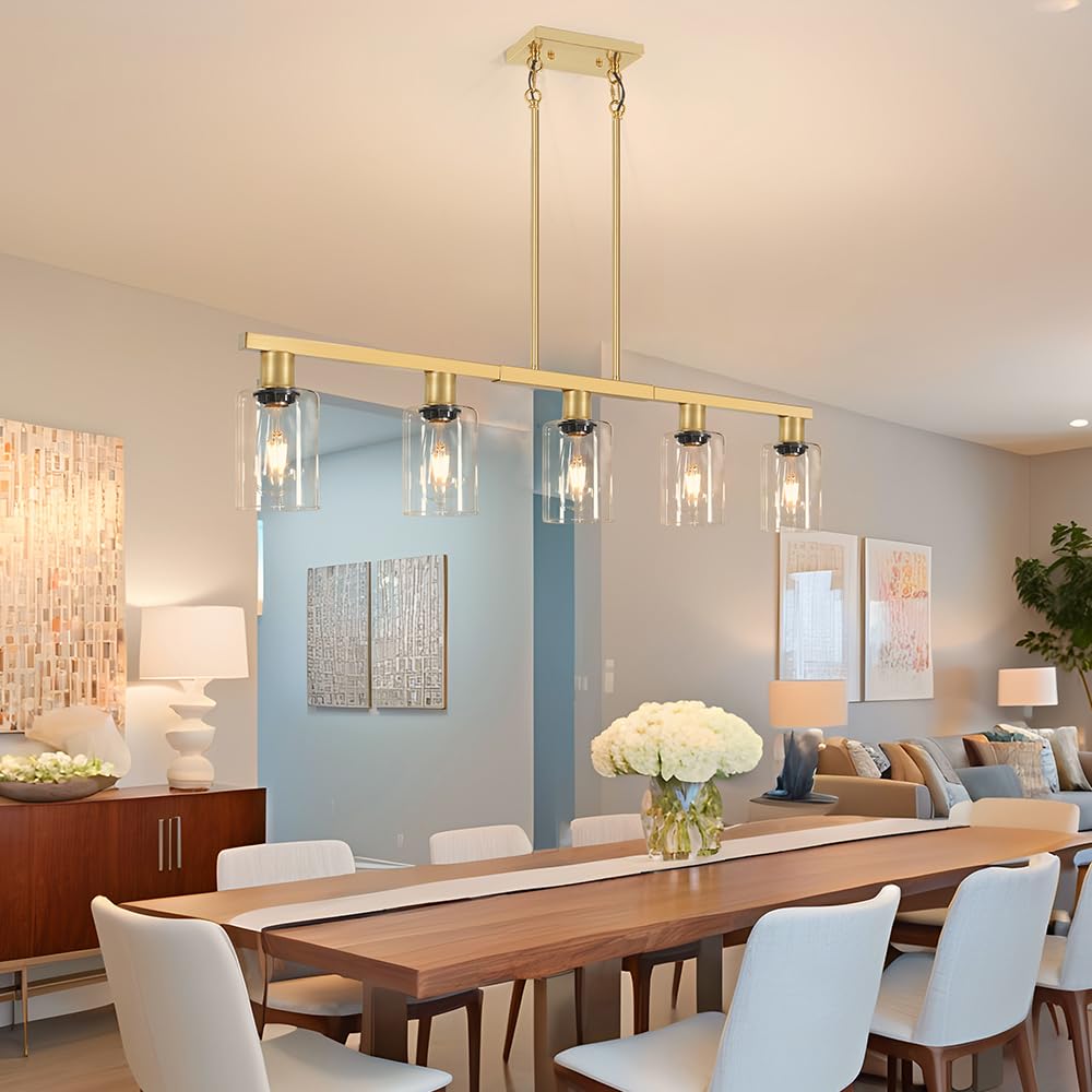 5-Light Kitchen Island Lighting Gold Adjustable Chandelier  Farmhouse Dining Room Light Fixtures Over Table  Height Adjustable Linear Pendant Light Fixture With Clear Glass Shade For Kitchen
