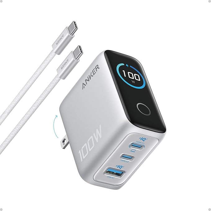 Anker Charger, 100W Max Ultra-Compact 3-Port GaN USB C Charger Block with Smart Display and Touch Control, Fast Wall Adapt...