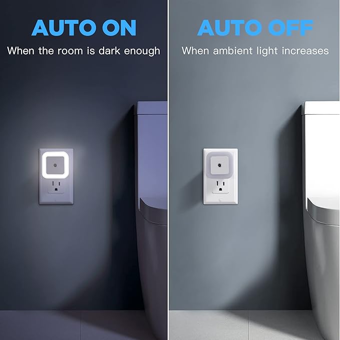 Dimmable LED Night Light with Dusk-to-Dawn Sensor for Nursery, Kids Room, Bedroom, Hallway, Stairs, Bathroom, Kitchen, Daylight White, Pack of 4