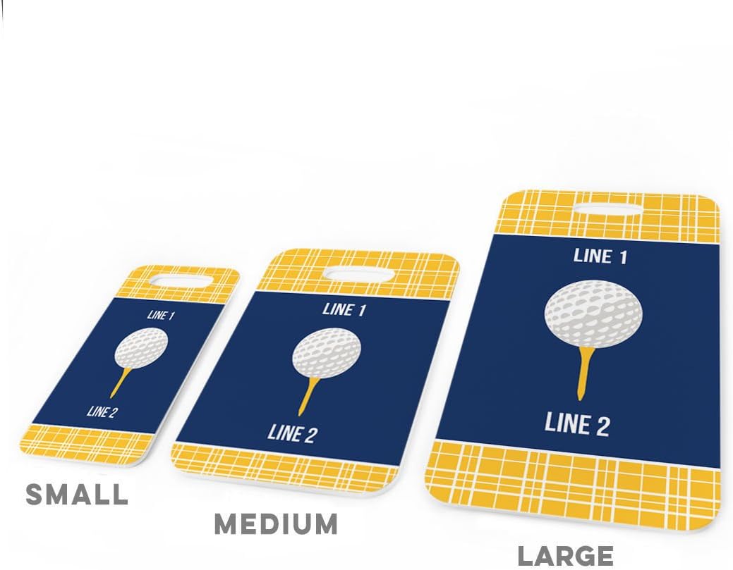 ChalkTalkSPORTS Golf Luggage & Bag Tag | Personalized Team with Golf Ball | Standard Lines on Back | Medium | Gold/Navy