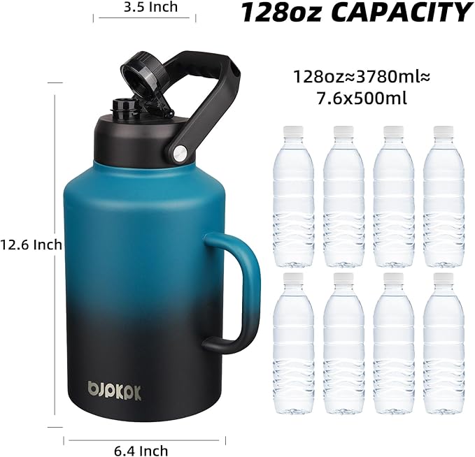 BJPKPK 1 Gallon Water Bottle with Handle, Large Dishwasher Safe 128oz Insulated Water Bottle, BPA Free Water Jug, Wide Mouth Metal Flasks with Anti-slip Bottom, Keep Cold & Hot,Blue & Black