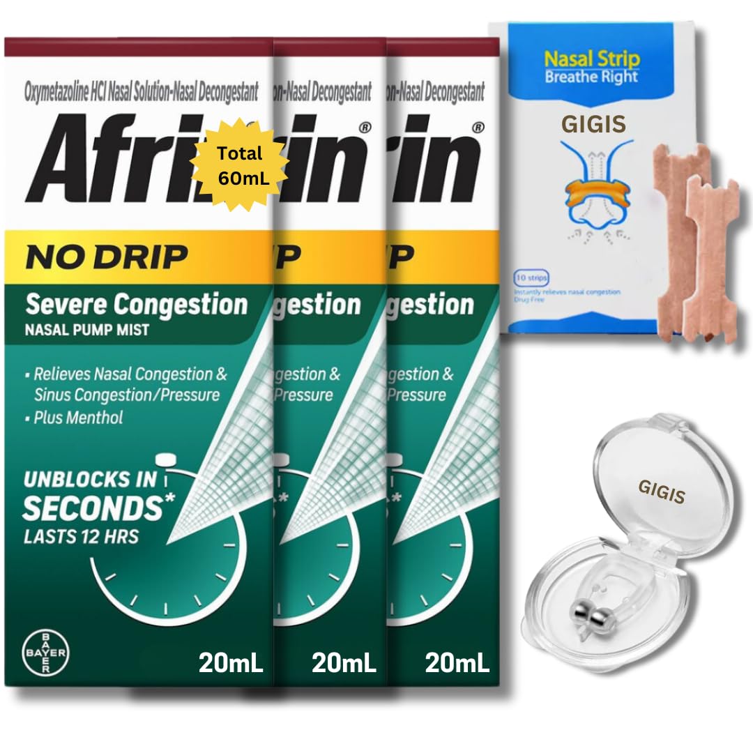 GIGIS No-Drip Severe Congestion 12 Hour Nasal Spray, 3x20mL Bundle Anti-Snoring Nose Clip & Nasal Strip (3 Items)