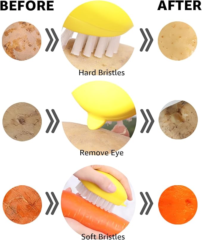 Premium Veggie Brush The Scrubber for Potato Eyes,a Potato Scrubber Suitable for Root Vegetables & Delicate Fruits,a Dual-use Fruit and Vegetable Brush, Your Kitchen Essential (Yellow 2Pack)