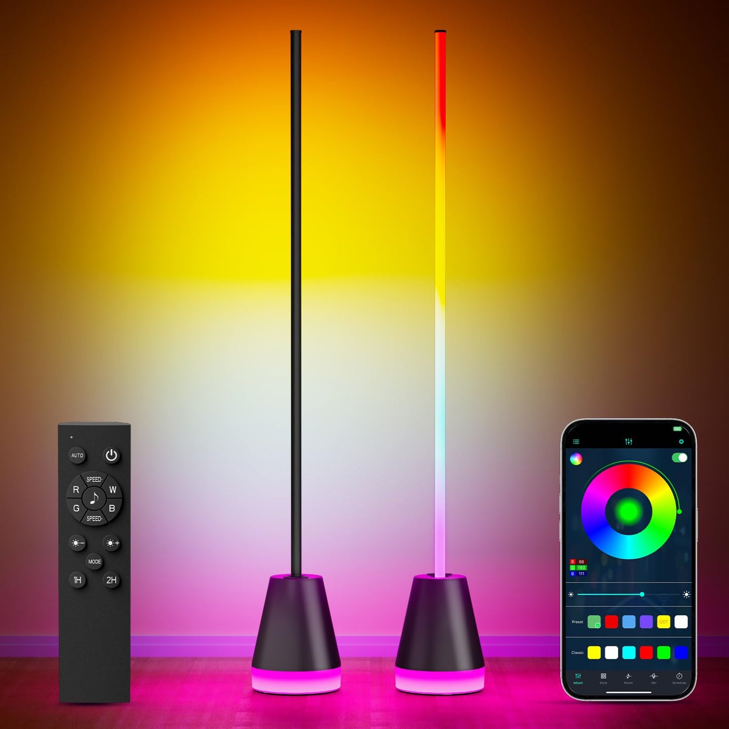 Keepsmile Smart RGB LED Floor Lamp, Music Sync, 16 Million Colors, Matte Black, Model HX-818, 2 Pack