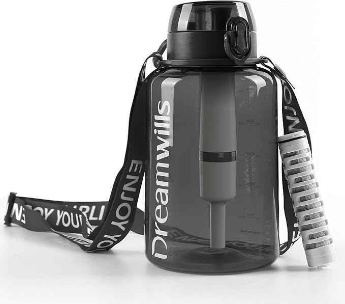 Filtered Water Bottle with Strap, 40oz, NSF Certified Water Filter Elements Reduce 99.9% of Chlorine, Taste & Odor, BPA Free Plastic for Travel, Sports, Hiking, Camping, Biking and Fitness