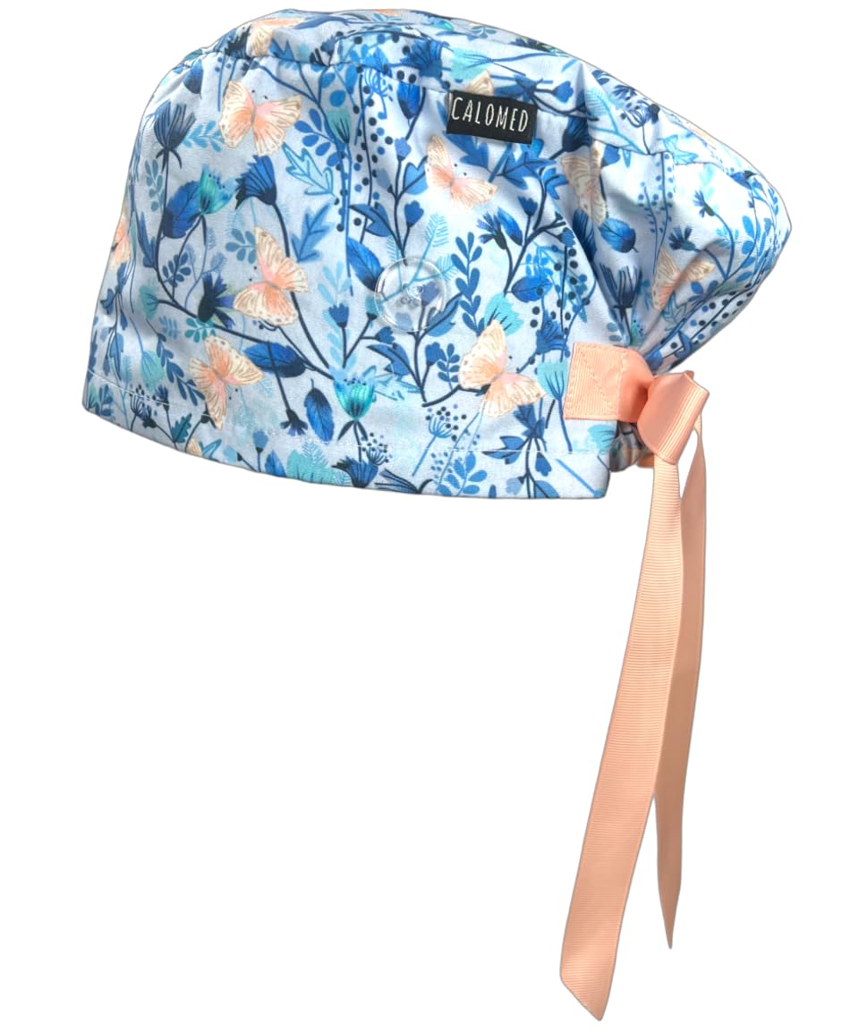 CALOMED Scrub Cap for Women and Men, Euro Style Scrub Caps, with Ribbon Ties & Buttons, Long or Short Hair (Pink Butterflies on