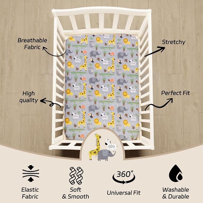 4 Pack Safari Jungle Animals Neutral Unisex Fitted Nursery Baby Sheets Set Toddler Mattress Sheets for Baby Boys or Girls (Crib Sheets)