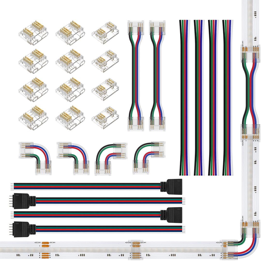 BTF-LIGHTING FCOB 12MM 5PIN Connector Kit for RGBW LED Strip Lights, Multicolor, L-Shaped, 5 Conductor 24AWG