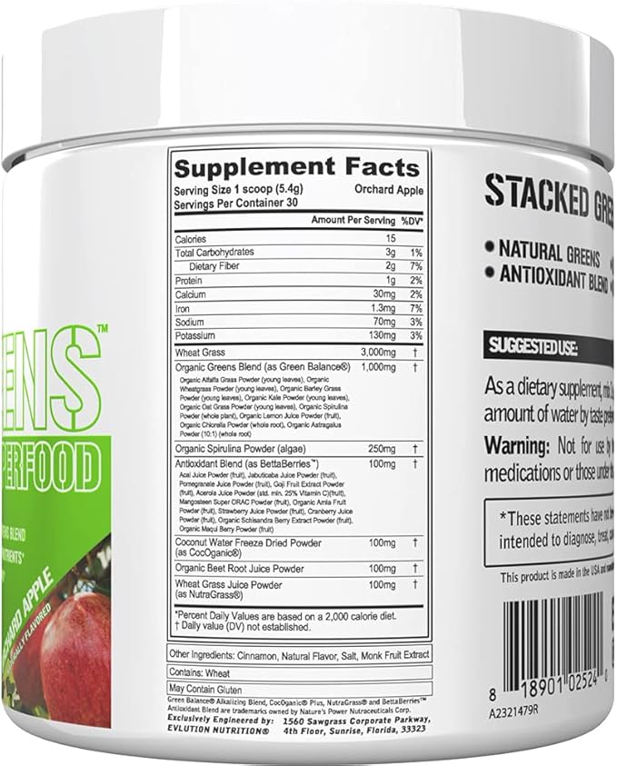 Evlution Nutrition Stacked Greens - Raw Superfood - Made with Natural Greens Blend + Essential Daily Micronutrients - Immunity + Hydration Support - Vegan & GMO-Free - 30 Servings - Orchard Apple