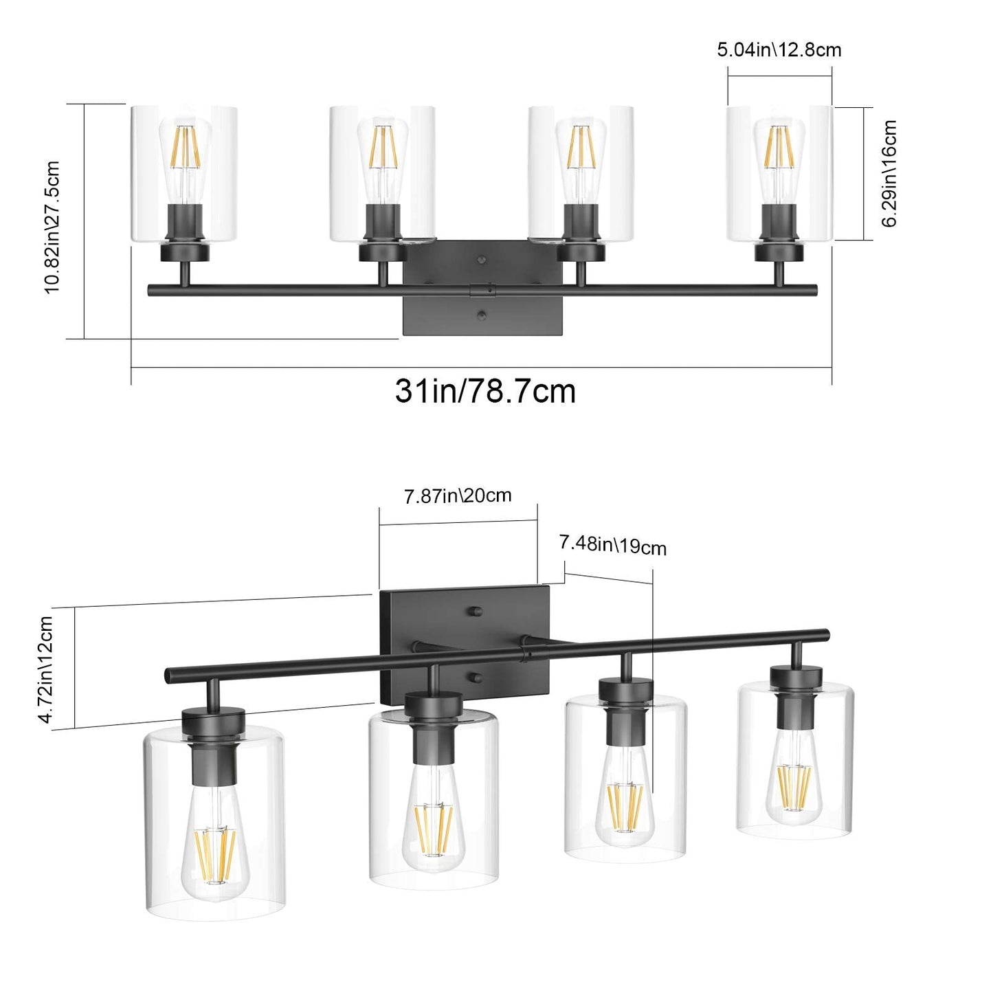 Aipsun Black Bathroom Vanity Light Fixture - 4 Lights, Clear Glass Shades, 31 Inch, Model 2083-4T