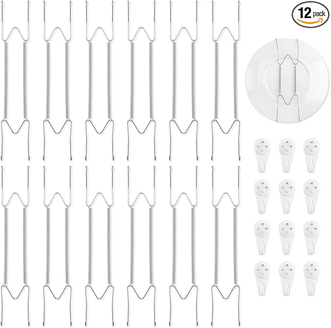 Bilillo 12 Pack Plate Hangers for The Wall, Suitable for 16-20 inch Art Plate, Stainless Steel Invisible Heavy Duty Wire Plate Holder with Wall Hooks, Plate Hangers for Displaying Plates, Silver