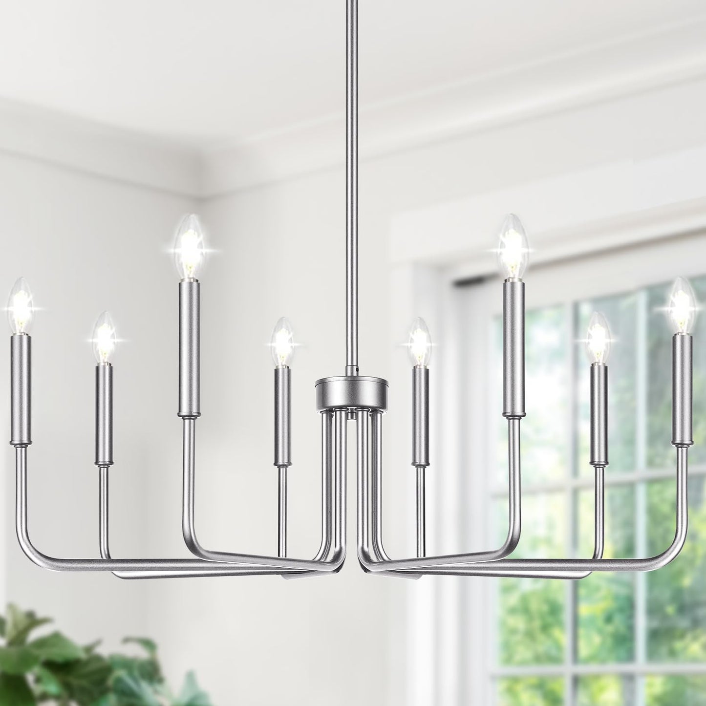 Lynnoland 8-Light Farmhouse Chandelier, Brushed Nickel Metal Lighting Fixture, Model L220028P8 for Dining Room, Kitchen, Foyer, Living Room