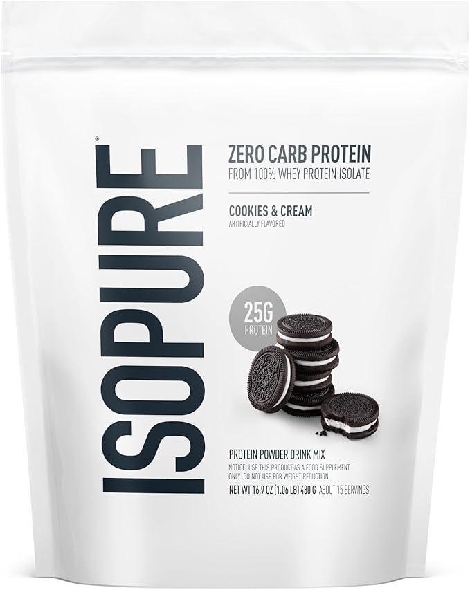 Isopure Zero Carb 100% Pure Whey Isolate Protein Powder, Lactose Free, Gluten Free, With Vitamins, Cookies & Cream, 25g Protein Per Serving, 1 Lb, 15 Servings (Packaging May Vary)