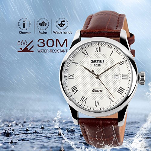 Mens Leather Band Quartz Watch, Men's Analog Business Working Roman Numeral Casual Waterproof Watches with Calendar Date D...